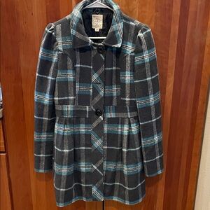 Tulle Anthropologie Gray and Blue Plaid Pea Coat Sz.Medium